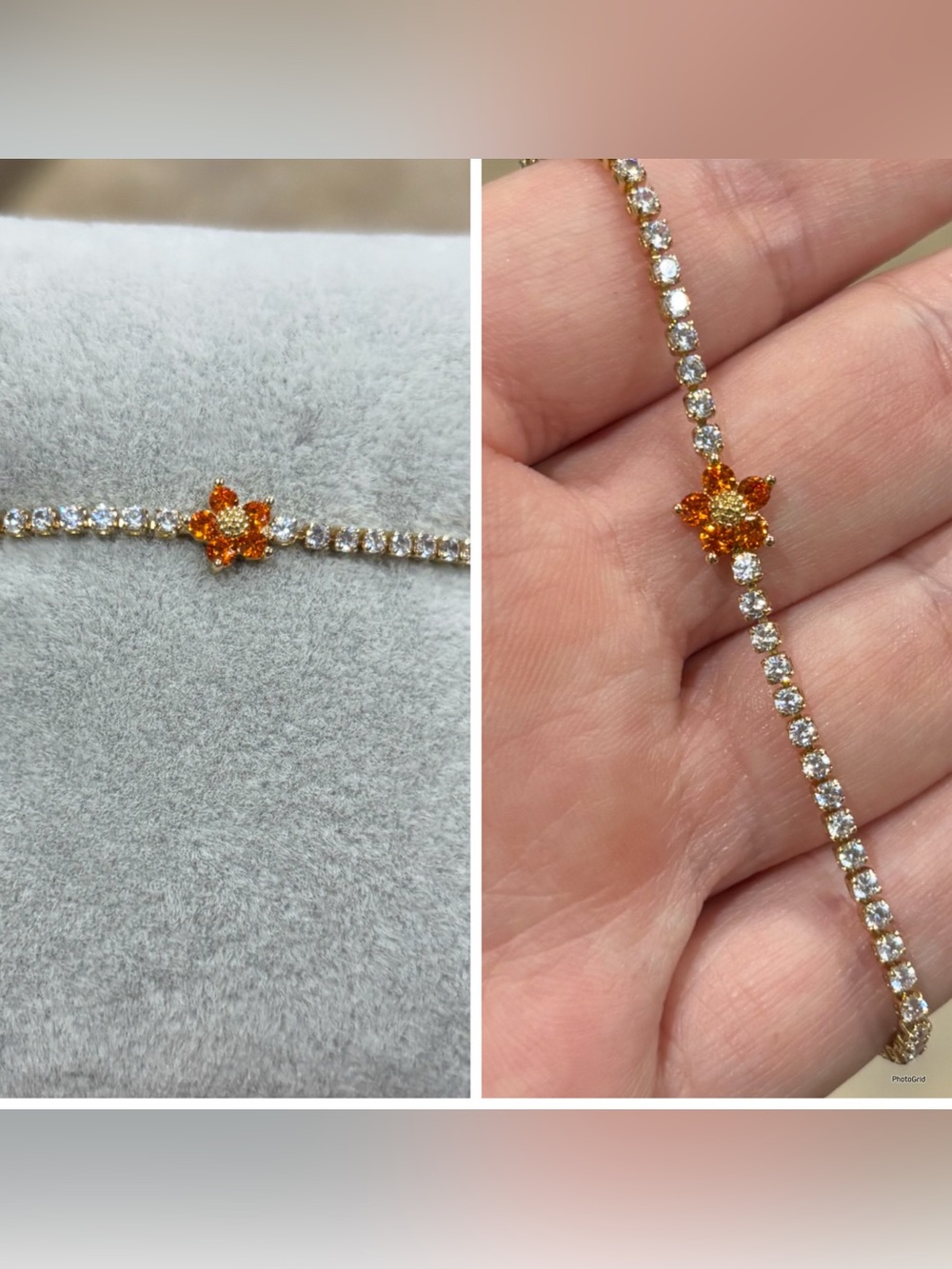 Gold Tennis Bracelet with Orange Flower Charm